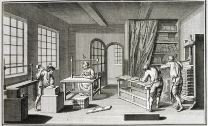Een boekbinderswerkplaats, uit de Encyclopedie des Sciences et Metiers door Denis Diderot (1713-84) gepubliceerd ca. 1770