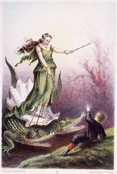 Een jongen voor een vrouw op een tank aangedreven door 2 krokodillen - in "Reis naar de bodem van de zee" door H. de la Blanchère. Parijs, ed. Jouvet et Cie, sd. 1880