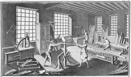 Een meubelmakerswerkplaats, uit de Encyclopedie des Sciences et Metiers door Denis Diderot (1713-84) gepubliceerd ca. 1770