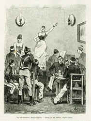 Een cafézang in Bourg Leopold. Gravure door A.Hubert ter illustratie van het verhaal La Belgique, door Camille Lemonnier, in le tour du monde 1886, onder leiding van Edouard Charton, Hachette, Parijs.