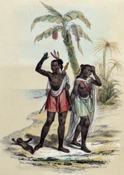 Een echtpaar en een baby op een strand; illustratie van de Marquesaseilanden in 