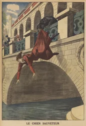 Een hond redt een vrouw van een val van een brug (kleur litho)