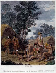 Een familie van Karib-indianen van het eiland Saint Vincent in West-Indië Gravure uit de 19e eeuw Chartres Museum voor Schone Kunsten