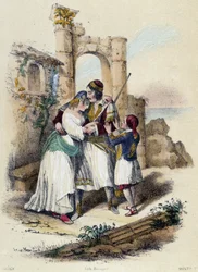 Een familie omringd door ruïnes; illustratie voor Griekenland in „De twaalf naties” van M. E. Fouinet