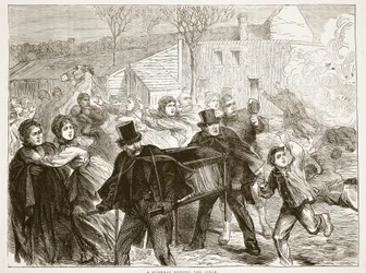 Een begrafenis tijdens het beleg, maart 1871, illustratie uit Cassells Geschiedenis van de Oorlog tussen Frankrijk en Duitsland, 1870-1871