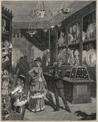 Een goudwinkel in Frankrijk in de 19e eeuw. Gravure uit 1885 in 