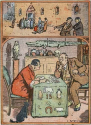 Een man die spottend naar de mis gaat. Dezelfde man luistert aandachtig naar de woorden van een helderziende. Spotprent in "Le Pelerin" 26 februari