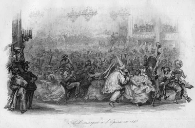 Een gemaskerd bal in de Opera van Parijs in 1843. (