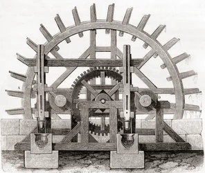 Een kruitmolen en zijn waterrad, naar een 19e-eeuwse tekening, uit Les Merveilles de la Science, gepubliceerd ca. 1870
