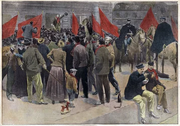 Een openbare bijeenkomst van de grevisten voor het gemeentehuis van Montceau les mines (Saone en Loire), waar bijna 10.000 grevisten al meer dan een maand hun werk neerleggen. Gravure in "Le pelerin" 8/09/1901. Collectie Selva.