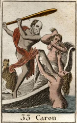 Een voorstelling van Charon (of Caron), wandelaar van de Onderwereld, die de overledenen de rivier de Acheron (of Styx) laat oversteken. (Charon (of Kharon) is de veerman van de hel, hij vervoert de zielen in zijn boot over de rivier de Acheron (of