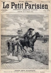Een ruiter racete tegen velocipedisten: William Frederic Cody (1846-1917), bekend als Buffalo Bill, bekend als Koning van de Cowboys en fietsers Gaby en Fournier in tandem. Een van de kranten 