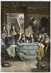 Een salon (cabaret) met Franse schrijvers Jean de La Fontaine (1621-1695), Nicolas Boileau-Despréaux (1636-1711), toneelschrijver Jean Baptiste Poquelin genaamd Molière (1622-1673), en dichter Jean Racine (1639-1699) - La Fontaine, Boileau