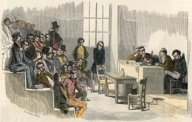 Een zitting van de aggregatiewedstrijd aan de Sorbonne in Parijs in de 19e eeuw - Gravure in 