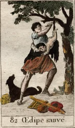 Een herder redt Oedipus als kind, verlaten door zijn ouders vanwege het dringende advies van het orakel van de Pythia. Uit 