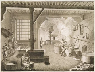 Een zijdeververij, uit de Encyclopedie des Sciences et Metiers door Denis Diderot, gepubliceerd ca. 1770