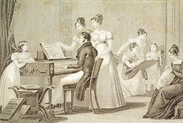 Een zangles voor jonge dames (gravure)