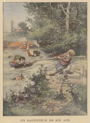 Een zesjarige redder in nood (kleurenlitho)