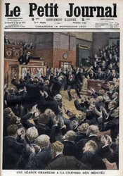 Een stormachtige zitting in de Kamer van Afgevaardigden - Premier Aristide Briand beschuldigt de socialistenleider Jean Jaurès van wetsovertreding - Illustratie uit 