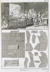 Een kleermakerswerkplaats en patronen, uit de Encyclopedie des Sciences et Metiers door Denis Diderot, gepubliceerd ca. 1770