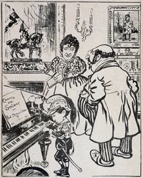 Een gebruikte bronzen, karikatuur met slagschepen, bladmuziek voor Deroulede op de piano en beeldje van Jeanne d