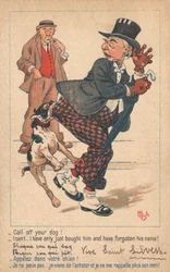 Een goed geklede man wordt op de billen gebeten door een hond (kleurenlitho)