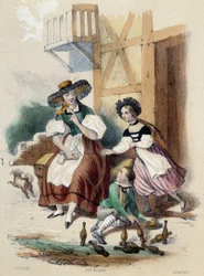 Een vrouw en 2 kinderen die kegelen; illustratie voor Zwitserland in ‘De twaalf naties’ van M. E. Fouinet