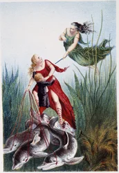 Een vrouw die een andere vrouw aanvalt en een jongen geleid door dolfijnen - in "Reis naar de bodem van de zee" door H. de la Blanchère. Parijs, ed. Jouvet et Cie, sd. 1880.