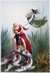 Een vrouw die een andere vrouw en een jongen aanvalt, geleid door dolfijnen - in "Reis naar de bodem van de zee" door H. de la Blanchère. Parijs, ed. Jouvet et Cie, sd. 1880