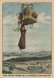 Een vrouw valt uit de gondel van een ballon, achteromslagillustratie van 