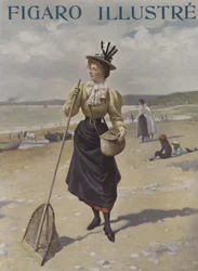 Een vrouw loopt langs een strand met visgerei