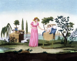 Een jonge moeder met haar pasgeborene. Arts deco. Circa 1810
