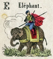 Abecedarium. Letter E zoals Olifant. Kleine encyclopedische alfabet, populaire serie. Epinal beeld, eind 19e eeuw