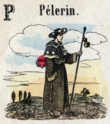 Abecedarium. Letter P zoals Pelgrim. Kleine encyclopedische alfabet, populaire serie. Epinal beeld, eind 19e eeuw