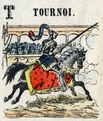 Abecedarium. Letter T zoals Toernooi. Kleine encyclopedische alfabet, populaire serie. Epinal beeld, eind 19e eeuw