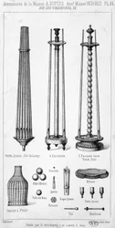 Accessoires van het huis A. Dupuis inclusief lampen, gereedschappen en spellen, gepresenteerd in catalogusvorm