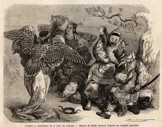 Acteurs en dansers van het Mikado-hof in toneelkostuum. Gravure ter illustratie van de reis naar Japan in 1863-1864, door Aime Humbert, minister van de Zwitserse Confederatie, in 