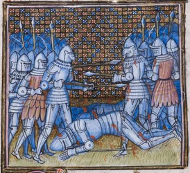 Add. 38659 fol.170, Dood van Sir John Chandos. Een middeleeuwse veldslag, miniatuur uit ‘Chroniques de France et d