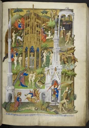 Scènes uit de Schepping en de Val, Adam en Eva, en hun zonen, Kaïn en Abel, uit Getijdenboek (De Bedford Hours)