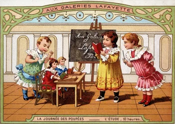 Reclamekaart voor Galeries Lafayette: kleine meisjes spelen als leraar, met hun poppen