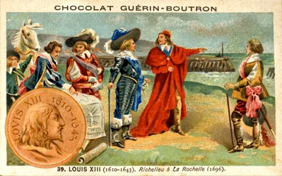 Advertentie chromolithografie van chocolades Guerin Boutron, Lodewijk XIII koning van Frankrijk van 1610 tot 1643. Richelieu in La Rochelle 1696