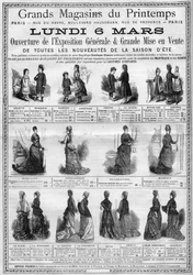 Reclame voor de opening van de algemene tentoonstelling en de verkoop van zomerseizoen nieuwkomers (zomercollectie) bij de Printemps warenhuizen in Parijs. Gravure in 