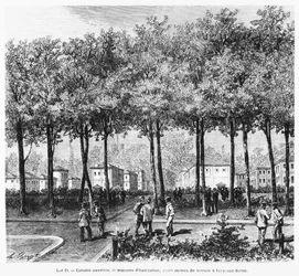 Advertentie die een arbeiderskolonie afbeeldt, illustratie uit Le Monde Illustré, 1876