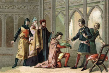 Na de dood van Lodewijk X keerde de kroon terug naar zijn jongere broer, Filips V genaamd Le Long (1294-1322). De scène wordt bijgewoond door de drie feodale orden. Chromolithografie rond 1890.