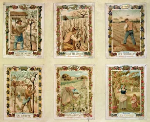 Landbouwkalender die de verschillende seizoenen van de landbouw toont, eind 19e eeuw