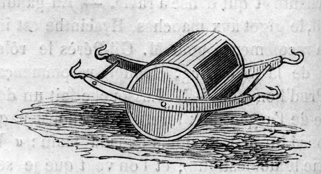 Landbouwmachine: een mestverspreider gepresenteerd op de Parijse landbouwwedstrijd in 1860. Gravure in 