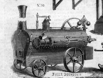 Landbouwmachine: een locomobiel gepresenteerd op de Parijse landbouwwedstrijd in 1860. Gravure in 