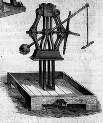Landbouwmachine: een pers gepresenteerd op de Landbouwtentoonstelling van 1860 in Parijs. Gravure in 