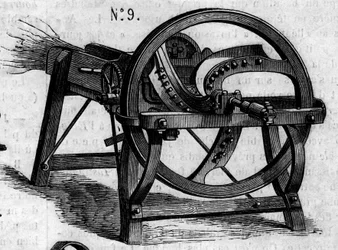 Landbouwmachine: een Engelse strobijl gepresenteerd op de Parijse landbouwwedstrijd in 1860. Gravure in "Le Monde Illustré" nr. 16 van 7 juli 1860.