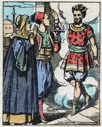 Aladin en zijn moeder wrijven over de magische lamp en laten de geest verschijnen. Gravure van het verhaal van Duizend-en-een-nacht 